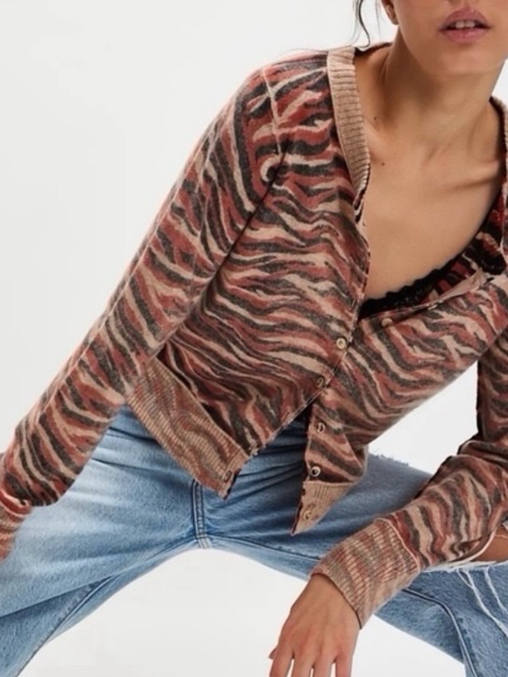 Free People Brown Zebra Print Women’s Cashmere Blend Cardigan